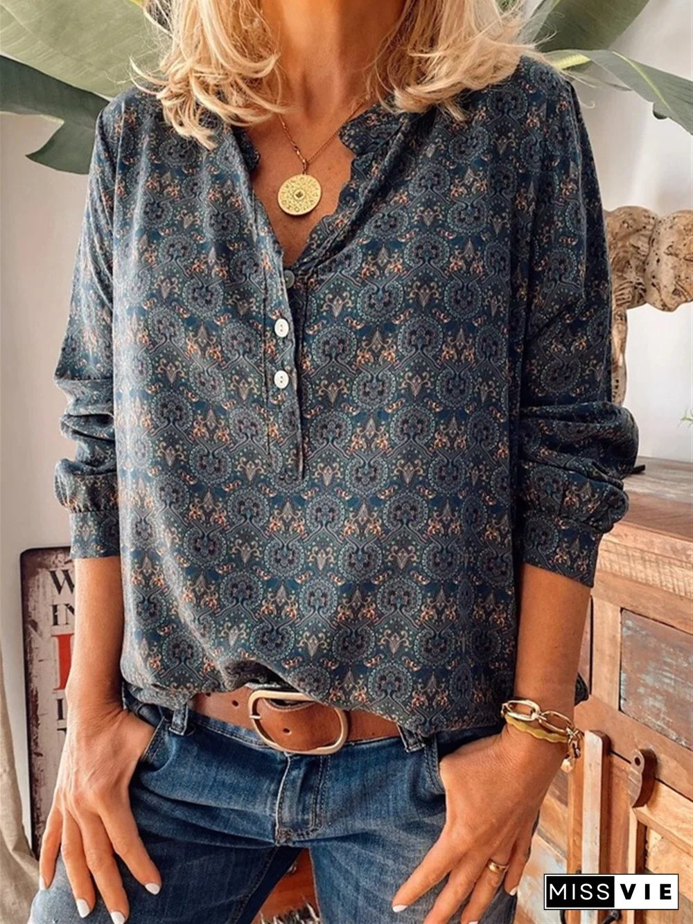 Women Vintage Floral Printed Blouse