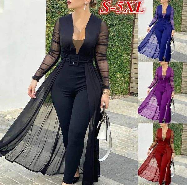 New Arrival Women Fashion Plus Size V-neck Long Sleeve Sheer Solid Color Net Yarn Jumpsuit