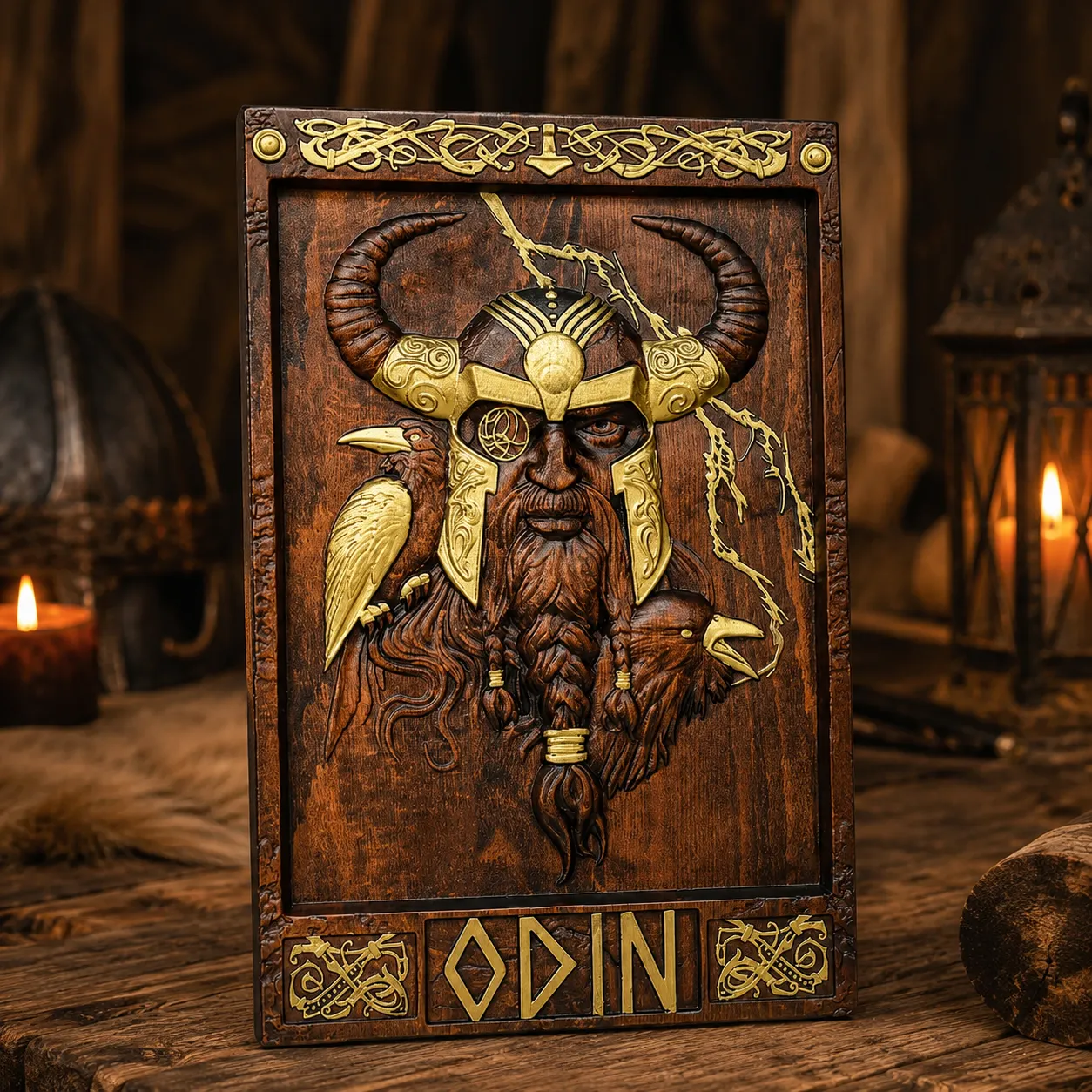 Wood-Carved Odin Wall Plaque: Ravens, Eyepatch & Runes &ndash; Viking Wisdom Awakens
