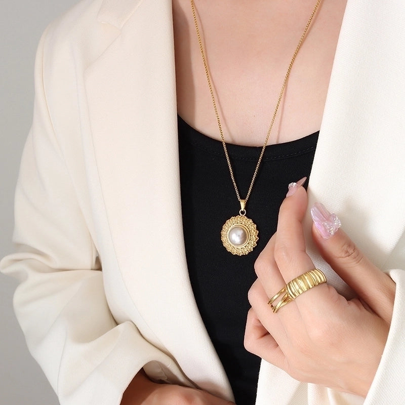 Minimalist Round 304 Stainless Steel Pearl 18K Gold Plated Gold Plated Earrings Necklace