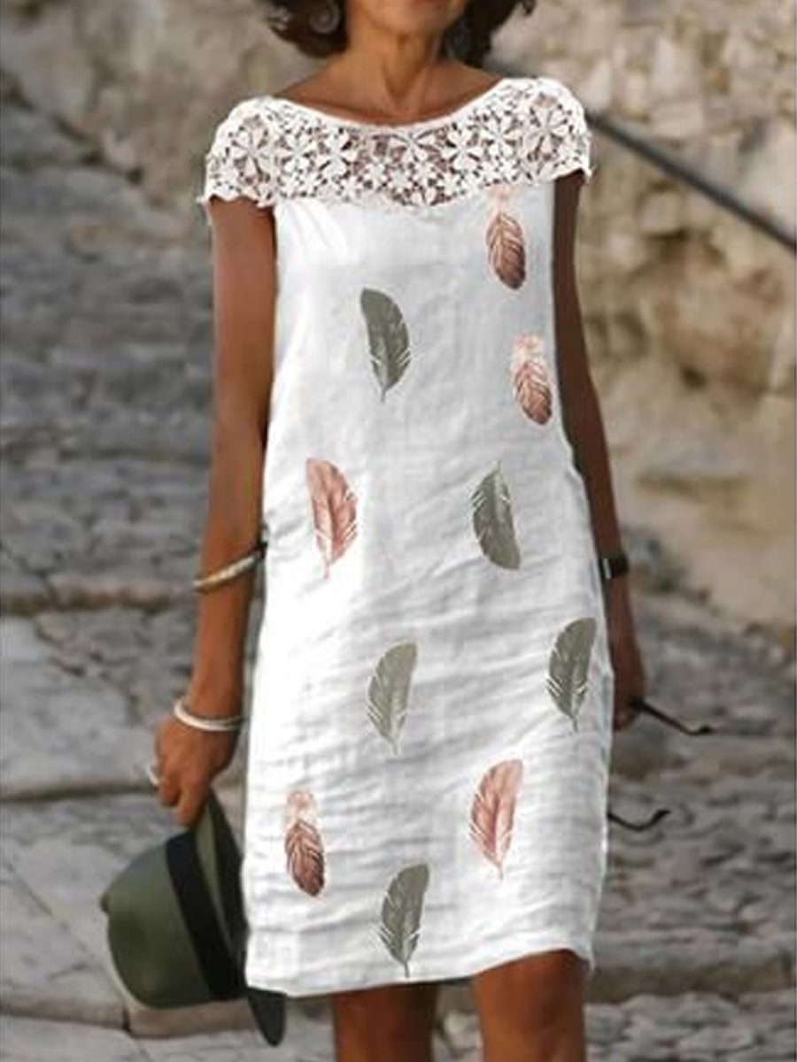 Ladies Casual Feather Print Stitching Shift Dress