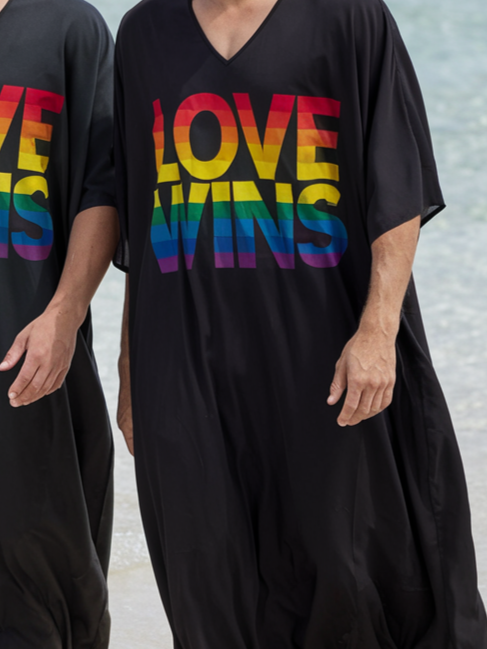 LOVE WINS Gay Couple Valentine V-neck Men Kaftan Long Caftan