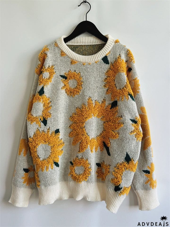 Female Sunflower Crew Neck Pullover Knit Sweater