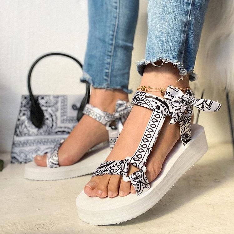 Women's Chic Bandana Comfy Sandals Lace Up Platform & Wedge Sandals