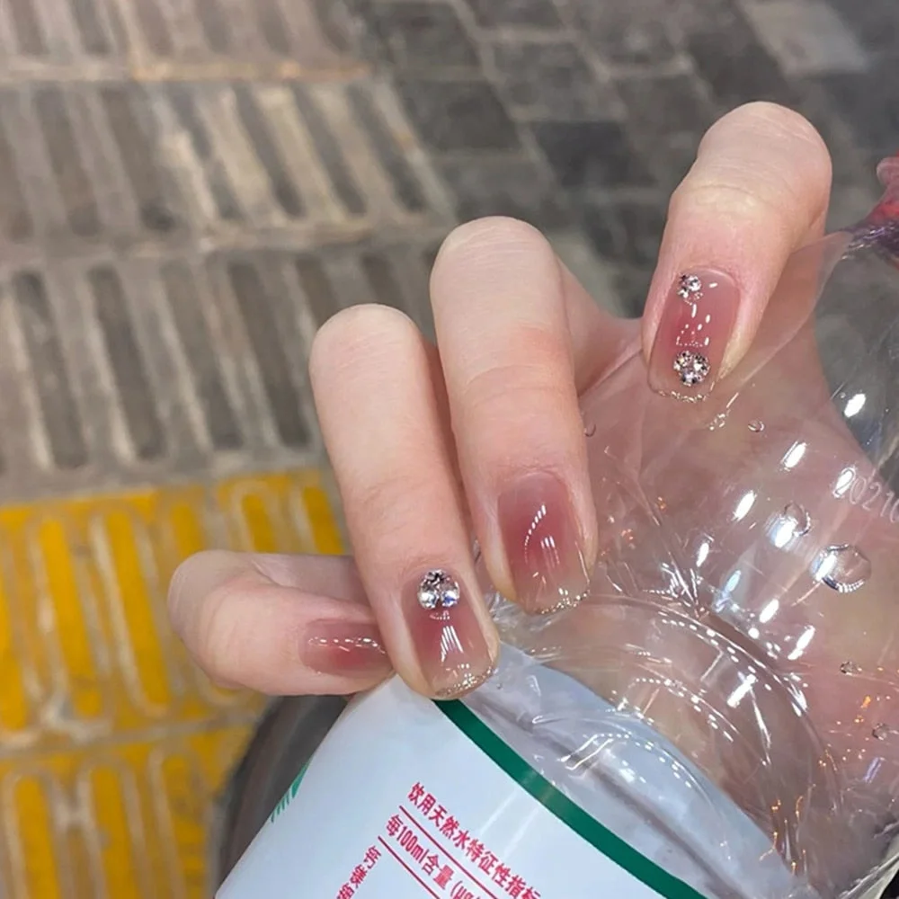 24 Pcs Nude Color nail tips Women Wearable  Fake press on Nails with Diamond Short Round Full Cover artificial nails with Glue-Nail Inspo