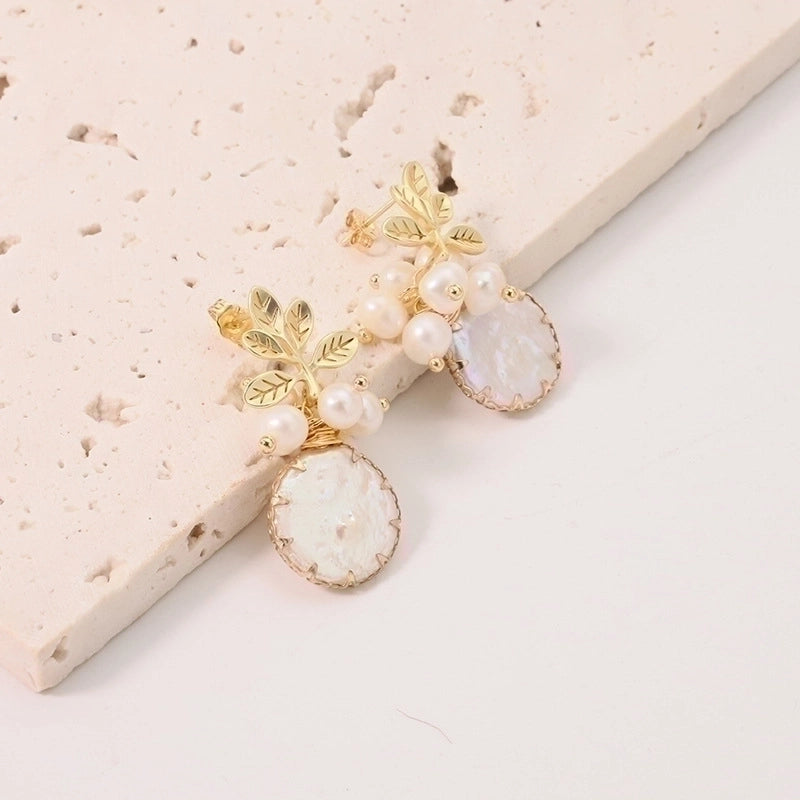 1 Pair 925 Sterling Silver Natural Stone Pearl Leaf Square Oval Earrings