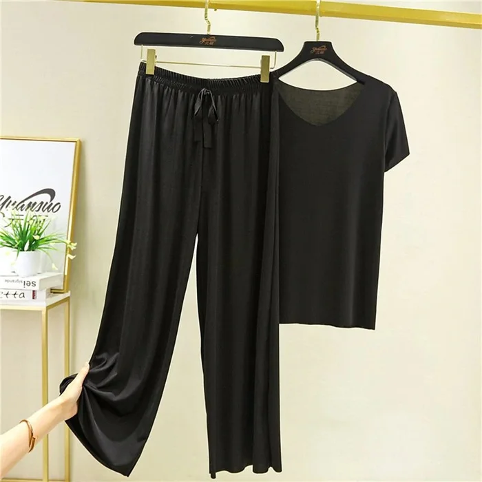 (💥Mother's Day Sale💥- 48 % OFF)Soft Comfortable Ice Silk Short Sleeve T-Shirt Two Piece Set Loose Wide-Leg Pants