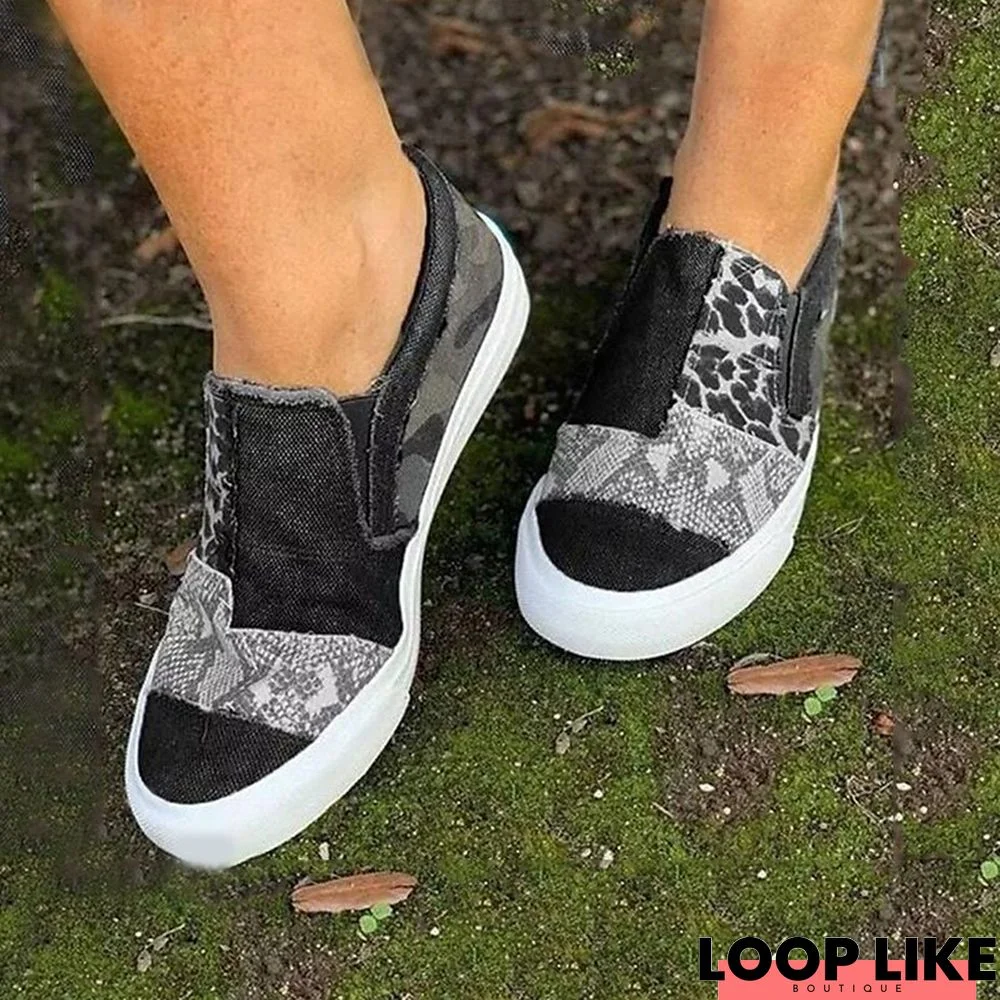 Women's Slip-Ons Animal Print Slip-on Sneakers Outdoor Office Work Flat Heel Round Toe Casual Walking Shoes Canvas Loafer Color Block Jeans Black khaki Gray