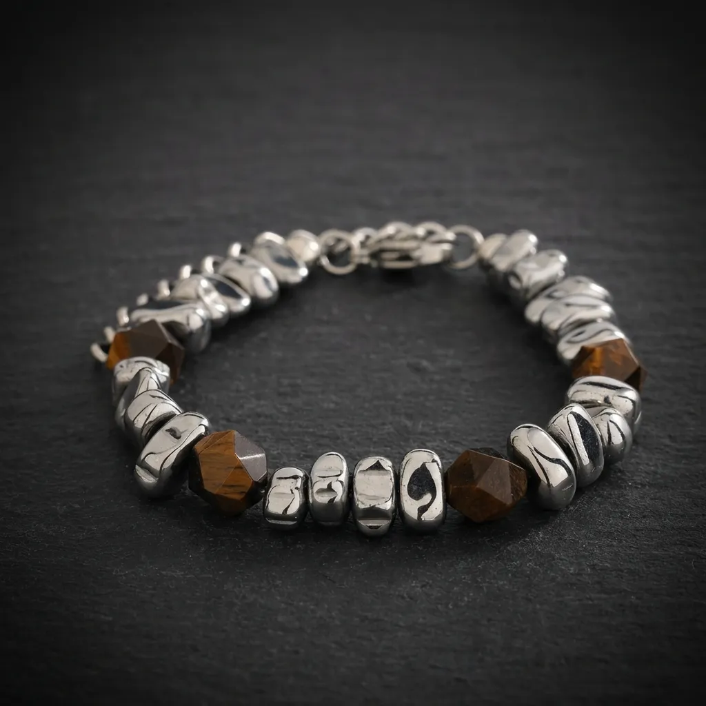 JiStones Urban Elemental Bracelet - Hand-Polished Steel & Natural Stone Fusion Golden Tiger Eye & Polished Steel
