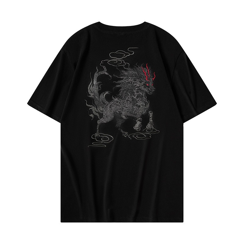 Vintage Kirin & Lucky Cloud Embroidery Short Sleeve T-shirt