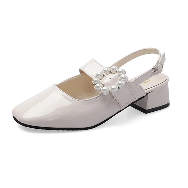 Women Elegant Pearl Buckle Square Heel Sandals Vintage Square Toe Leather Sandalias Woman Fashion Mary Jane Shoes Ladies