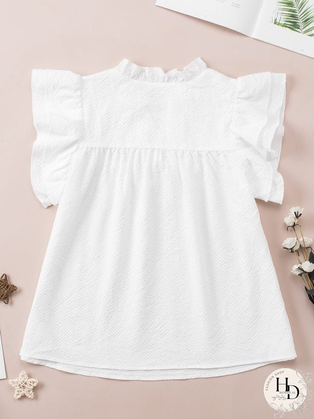 White Waffle Knit Flutter Sleeve Blouse with Notch Neck Detail