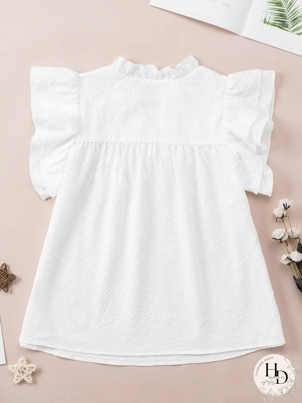 White Waffle Knit Flutter Sleeve Blouse with Notch Neck Detail