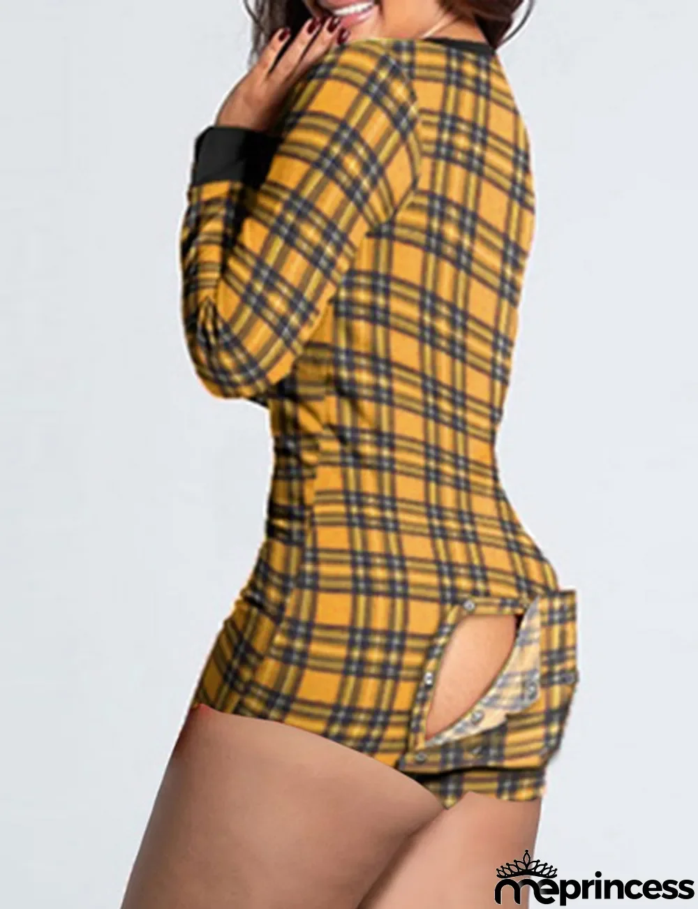 Plaid Print Long Sleeve Lounge Rompers with Patch Butt