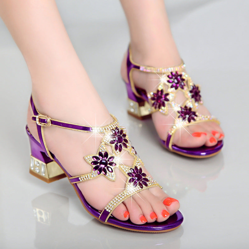 Floral rhinestone crystal flower arch support block heels sandals