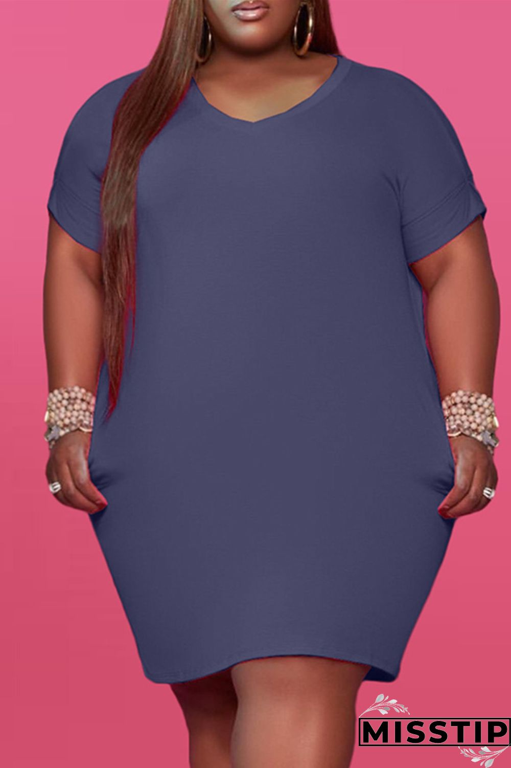 Red Fashion Casual Plus Size Solid Basic V Neck Short Sleeve Dress