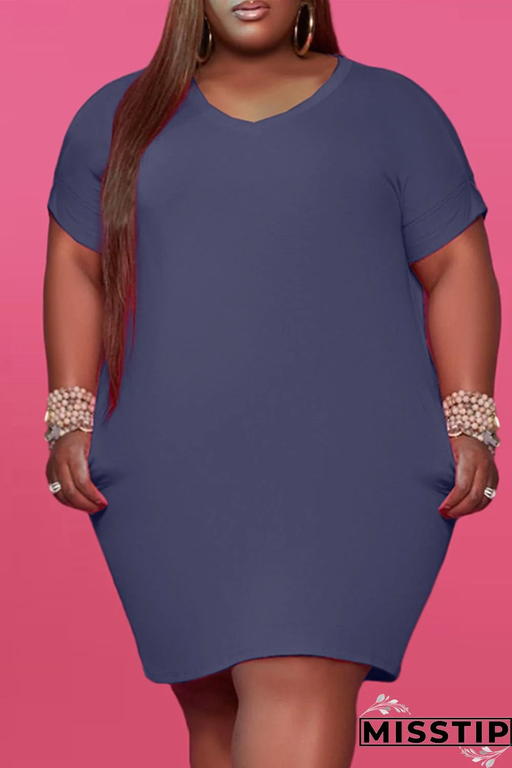 Red Fashion Casual Plus Size Solid Basic V Neck Short Sleeve Dress