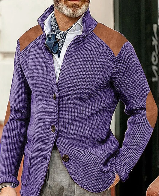 Suede Patchwork Notch Lapel Buttons Utility Pocket Knitted Jacket