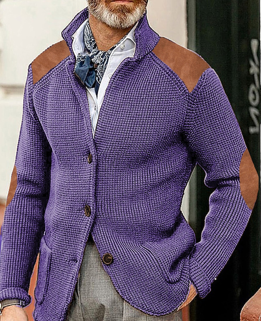 Suede Patchwork Notch Lapel Buttons Utility Pocket Knitted Jacket