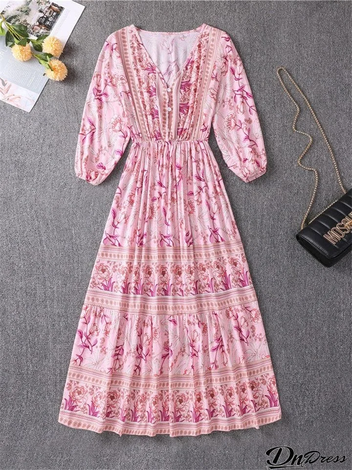 Women's Hawaiian Floral Printed V Neck 3/4 Sleeve Flowy Boho Dress