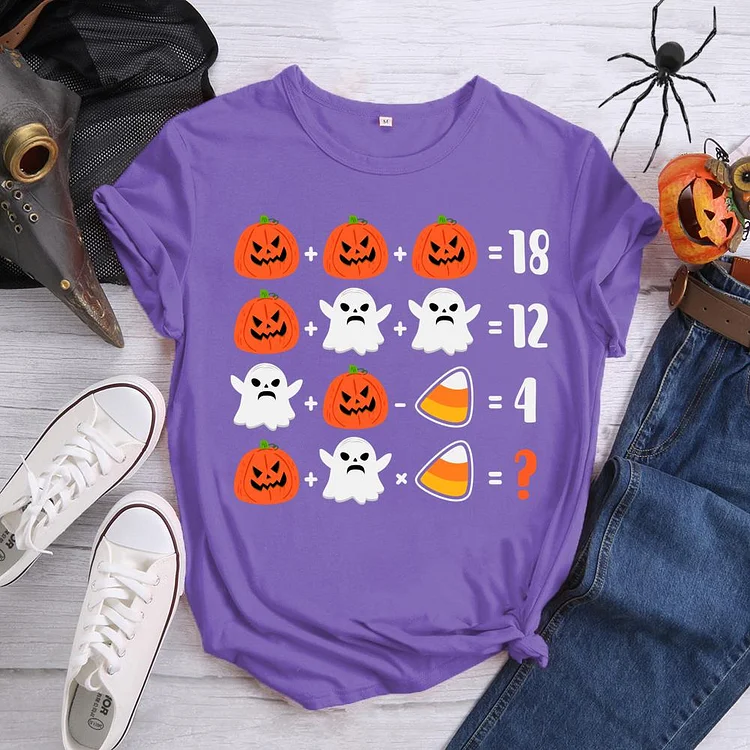 Pumpkin Ghost Math Calculations Round Neck T-shirt-0019602