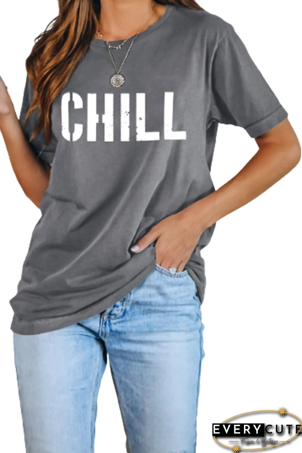 Gray CHILL Round Neck Short Sleeve Tunic Top