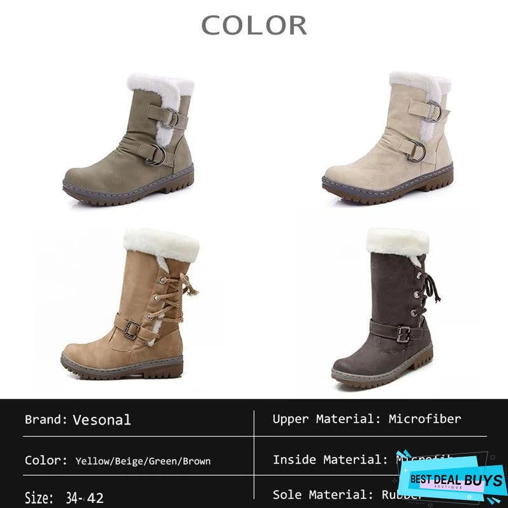 Women Leather Warm mid-calf Plush Fur Velvet Boots Booties Snow Shoes