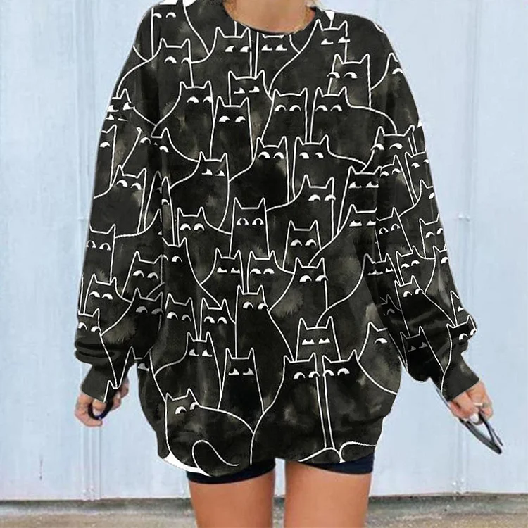 Vefave Black and White Cat Print Long Sleeve Sweatshirt