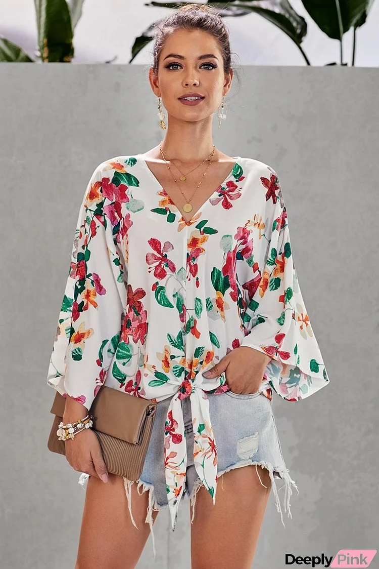 Floral V-Neck Tie Front Top