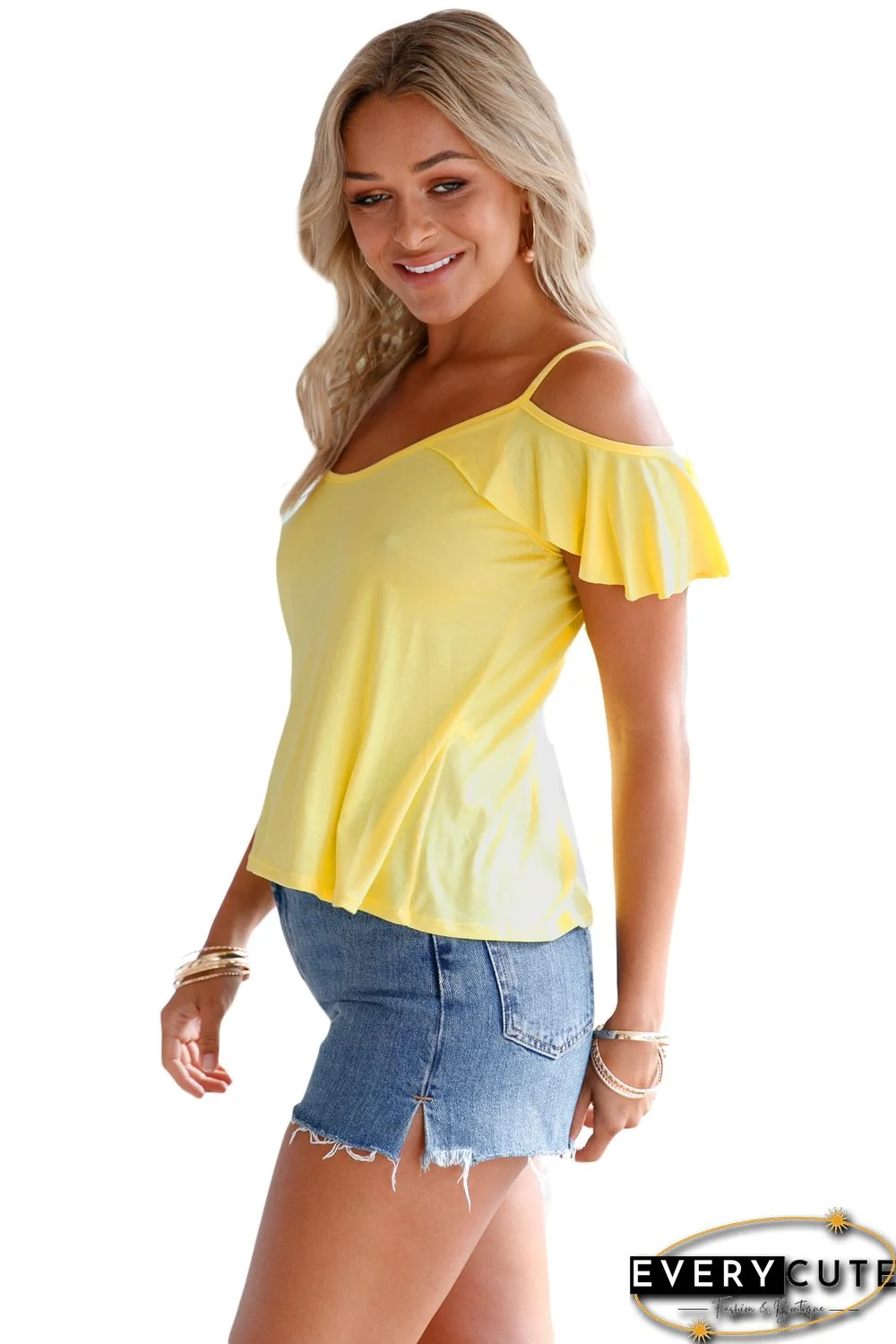 Yellow Crisscross Back Ruffle Cold Shoulder Top