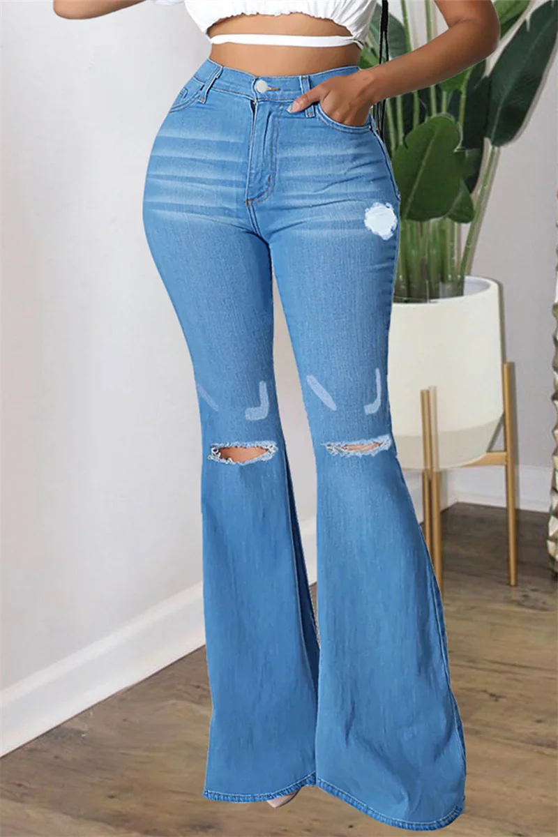 Medium Blue Fashion Casual Solid Ripped High Waist Regular Denim Jeans | EGEMISS