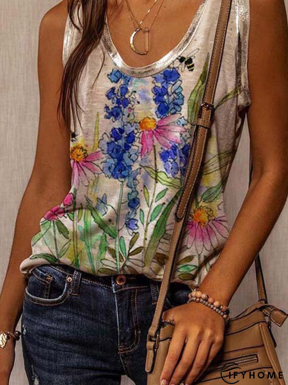 Sleeveless Crew Neck Casual Floral-Print Shirts & Tops | IFYHOME