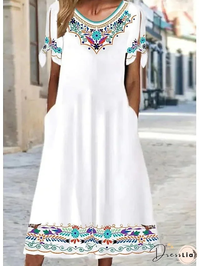 Casual Dress Ethnic Dress Midi Dress White Short Sleeve Paisley Print Spring Summer Crew Neck Fashion Weekend S M L XL XXL 3XL for Women
