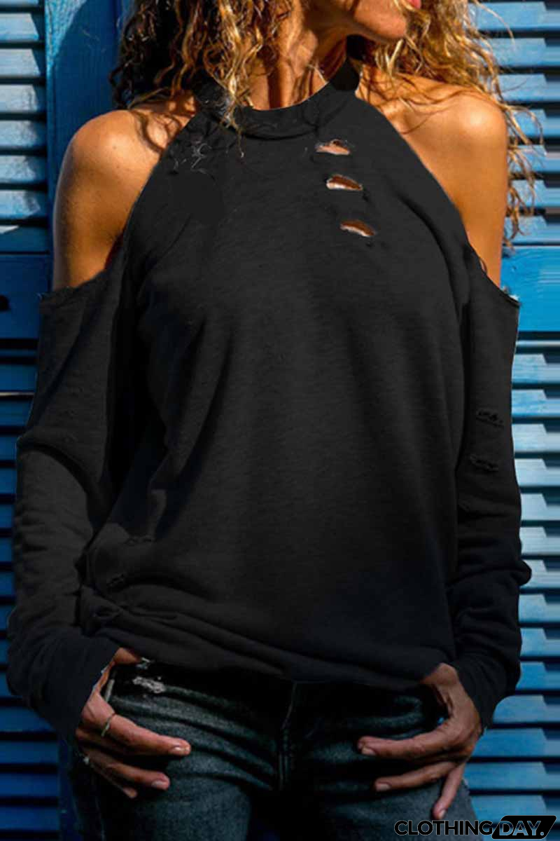 Street Solid Ripped Burn-out O Neck Tops