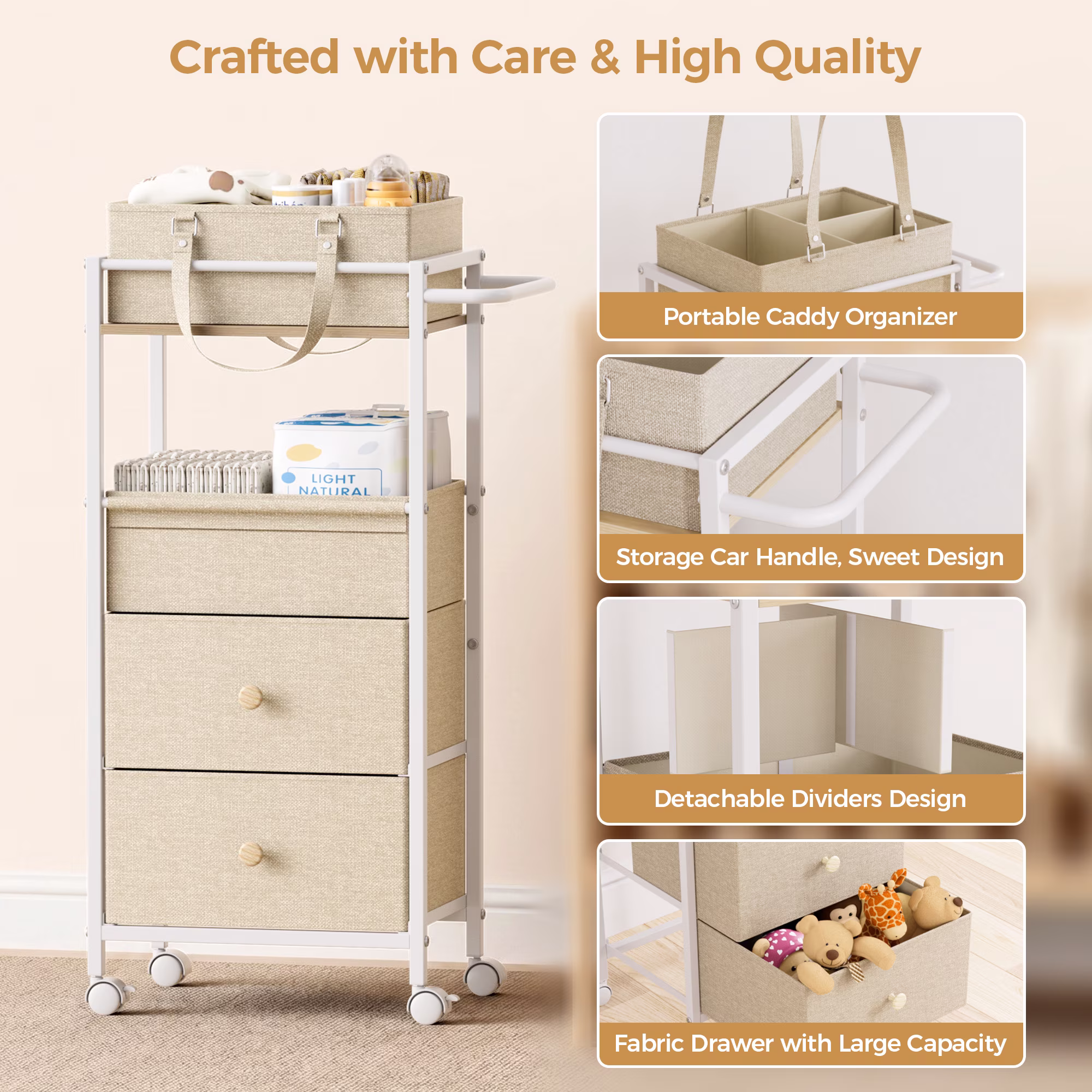 Baby Diaper Caddy Organizer Cart with Drawers - 3In1 Rolling Storage Cart with Wheels, Removable Diaper Caddy, Detachable Dividers - for Crib, Bedroom, Art & Craft Organizer (Off White)