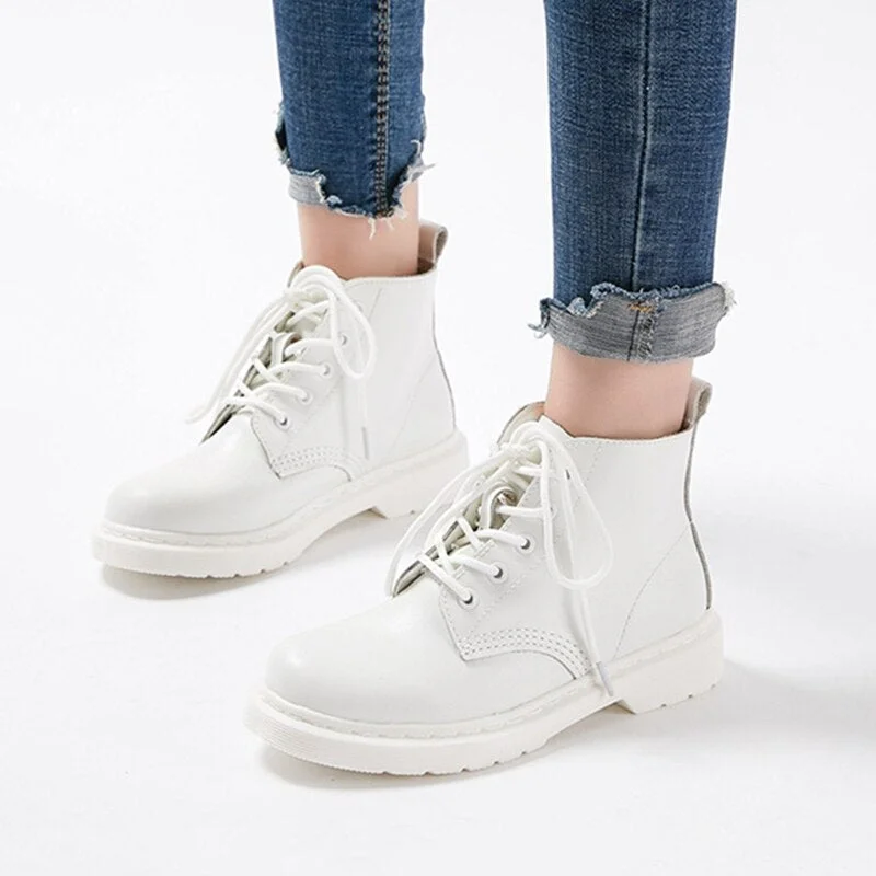 Fashion Solid White Women Ankle Boots Autumn Winter Split Leather Platform Shoes Female Non-Slip Punk Ladies Motorcycle Boots