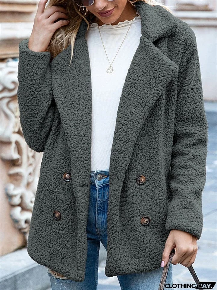 Casual Trendy Lapel Buttons Solid Color Coat For Women