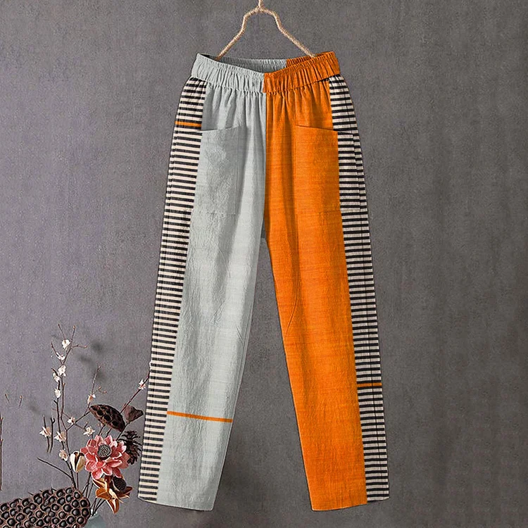 Simpfit Hose aus Nachahmung aus Baumwolle und Leinen mit Streifen-Kunstdruck und Taschen