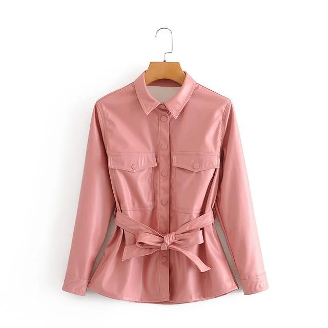 Cute Pink Lapel Pockets Lace-up Long Sleeve Faux Leather Coat 