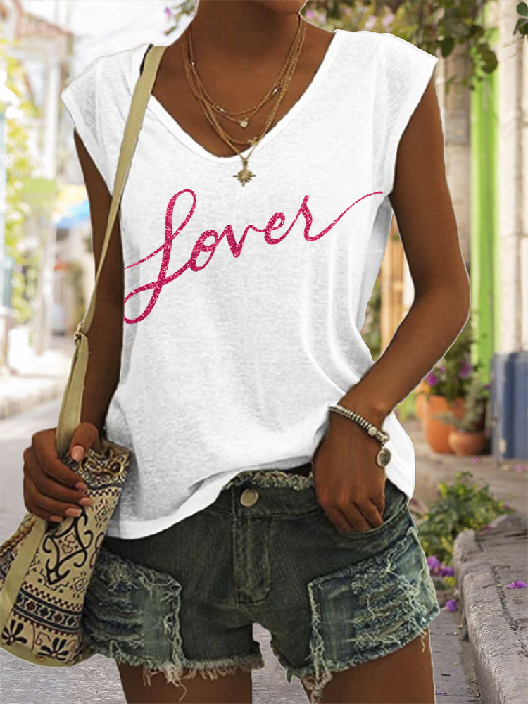 TS Lover Glitter Graphic V Neck Tank Top