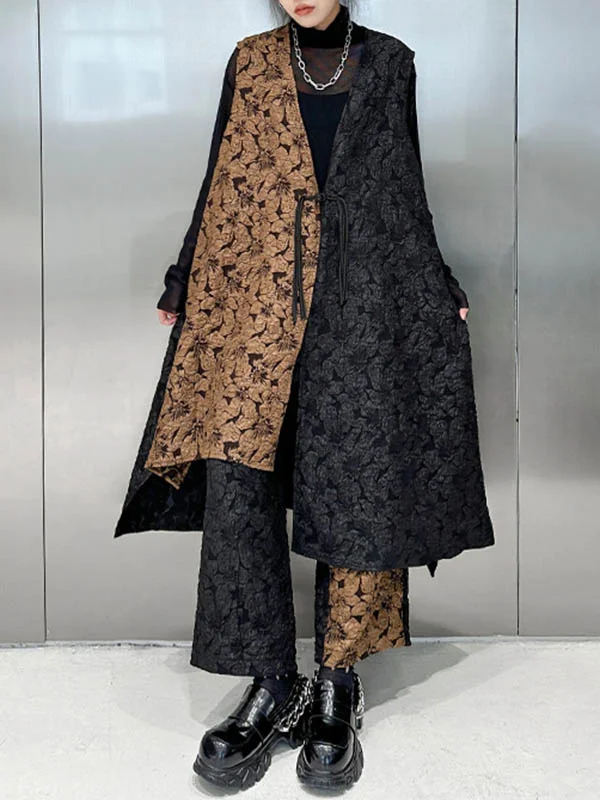 A-Line High-Low Asymmetric Contrast Color Jacquard Vest Top + Elasticity Pants Bottom Two Pieces Set