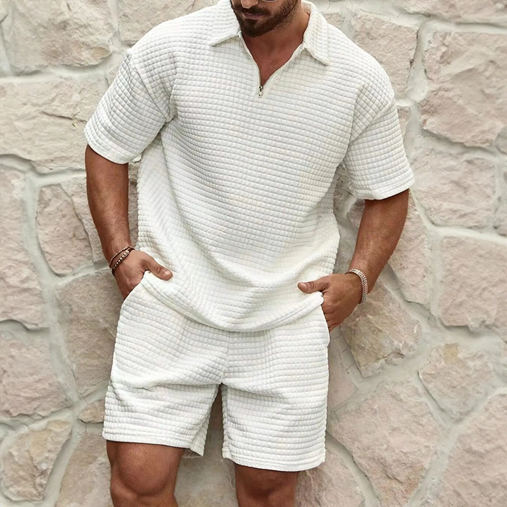 Men's Waffle Knit Leisure Set &ndash; Zip Collar Two-Piece Loungewear