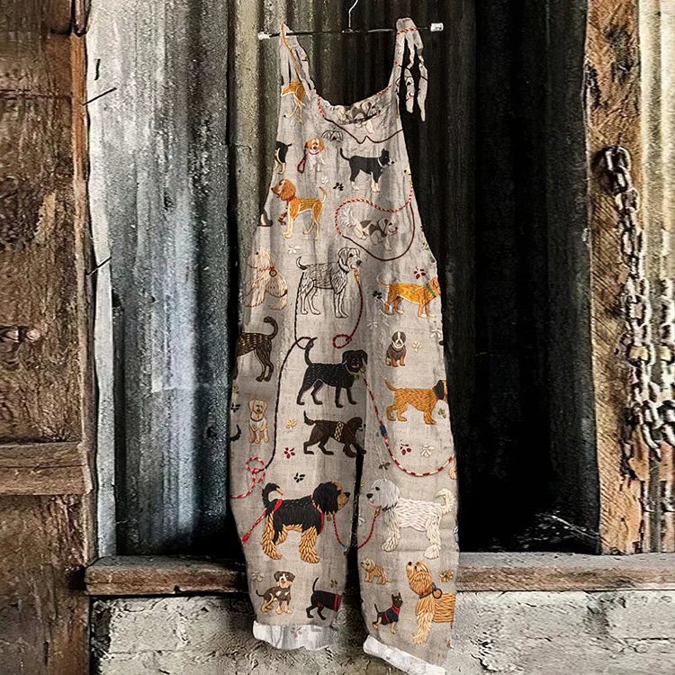 Casual Embroidered Walking The Dog Art Print Loose Jumpsuit