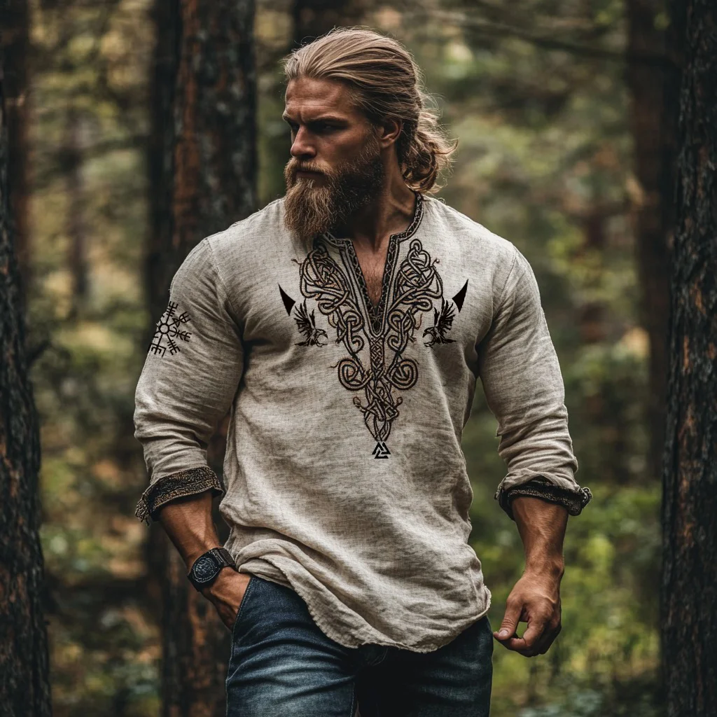 Vintage Viking Celtic Mythology Linen Blend Loose V-neck Shirt