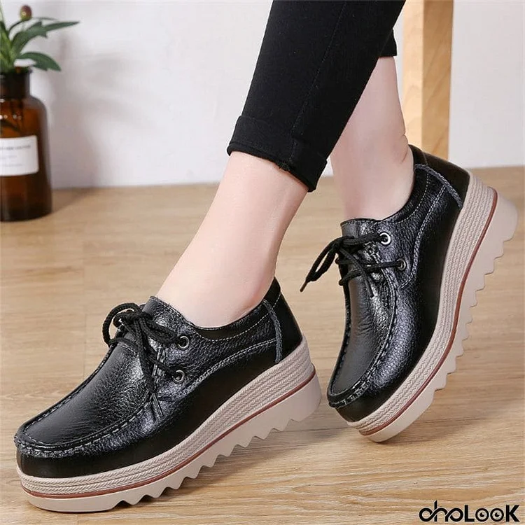 Fashion Lace Up Breathable Women Leather Loafers