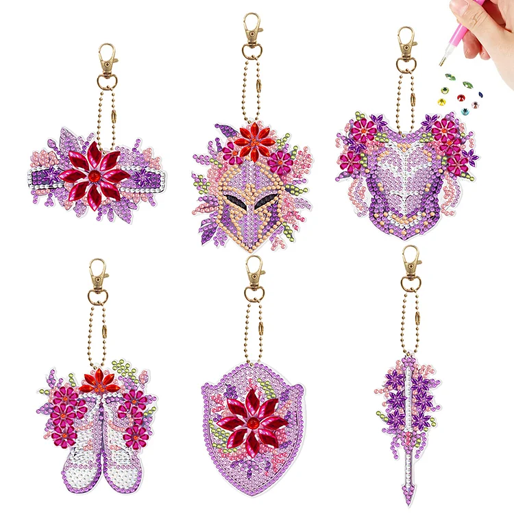 【Key-chain】6Pcs PVC Double Sided Special Shaped Sword Iron Shield Diamond Painting Keychain gbfke