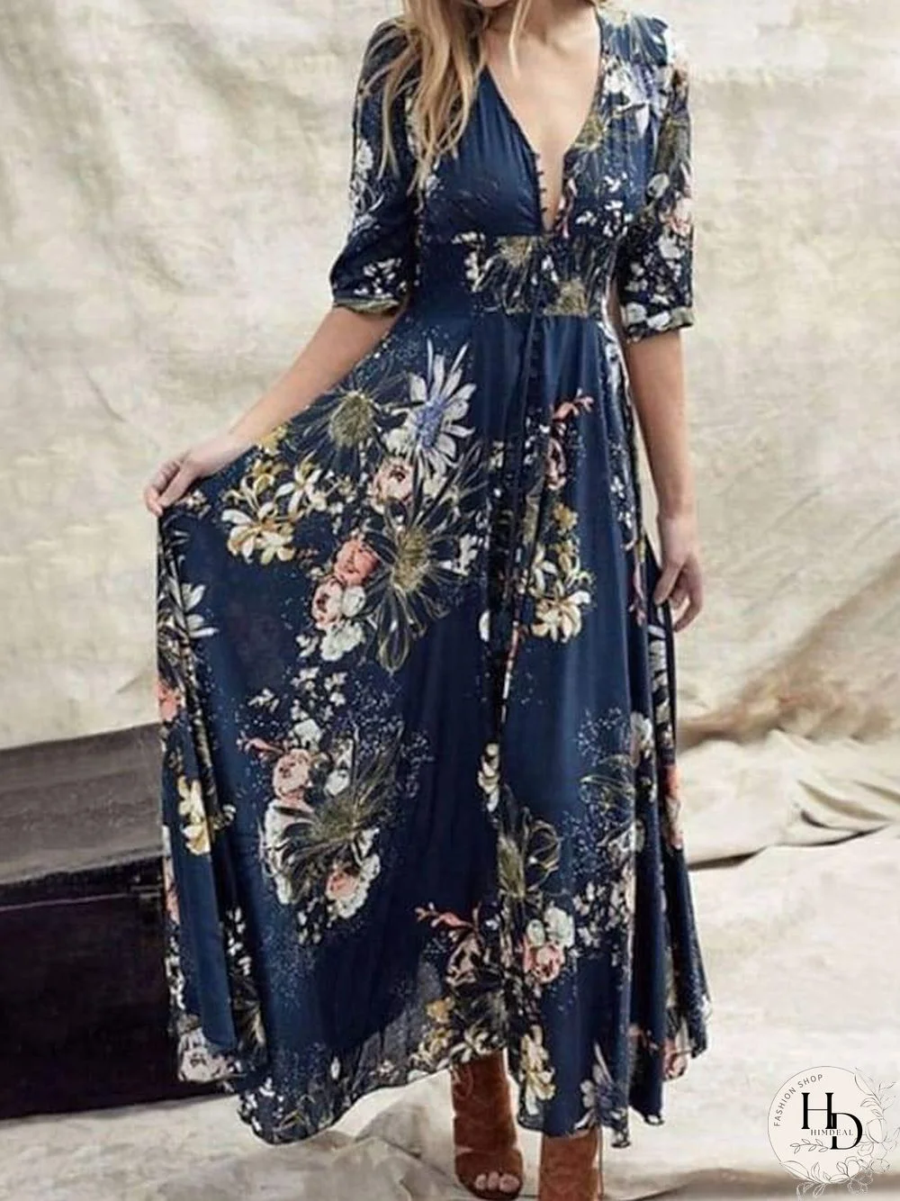 Women's Swing Dress Maxi Long Dress Blue Green Half Sleeve Floral Ruffle Print Summer V Neck Hot Casual Boho S M L XL XXL 3XL 4XL