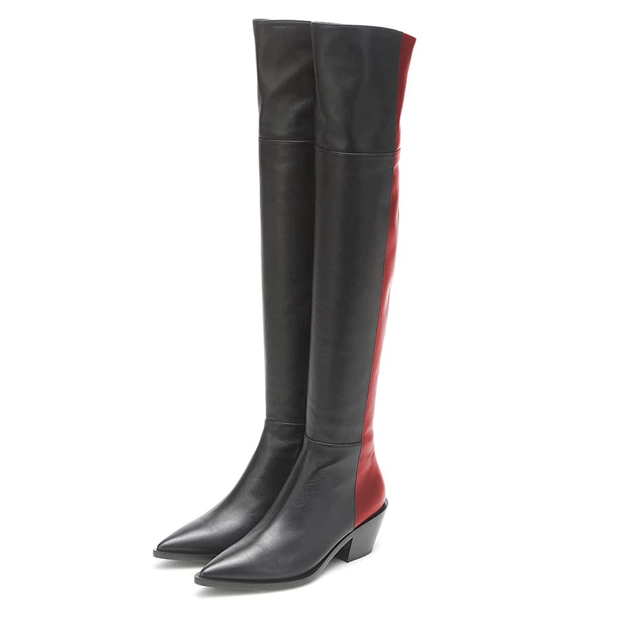 Multicolor Patchwork Pointed Toe Chunky Heel Thigh High Boots Nicepairs