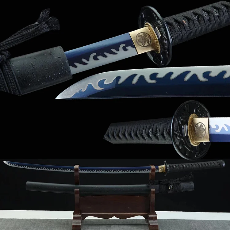 black Samurai sword,black cutout tsuba katana,Baked Blue Blade Japan ...