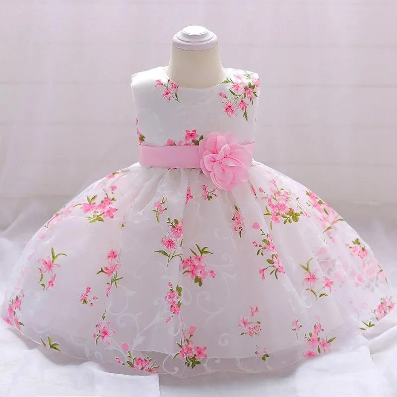 2021 Flower Champagne 1srt Birthday Dress For Baby Girl Clothes Princess Dresses Baptism Dress Infant Vestidos Toddler Ceremony
